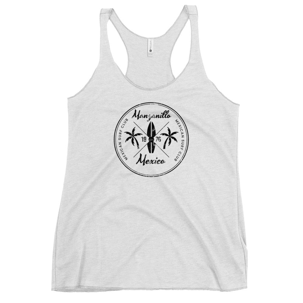 Retro Manzanillo Mexico Beach Surfing Fan Vacation Souvenir Women's Racerback Tank Top