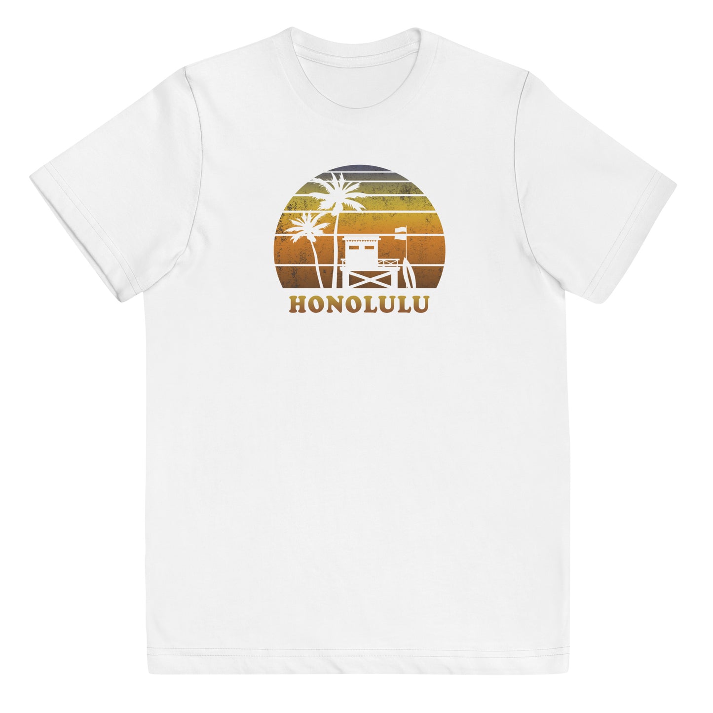 Retro Honolulu Hawaii Sunset Surfing Palm Tree Vacation Souvenir Youth Jersey T-Shirt