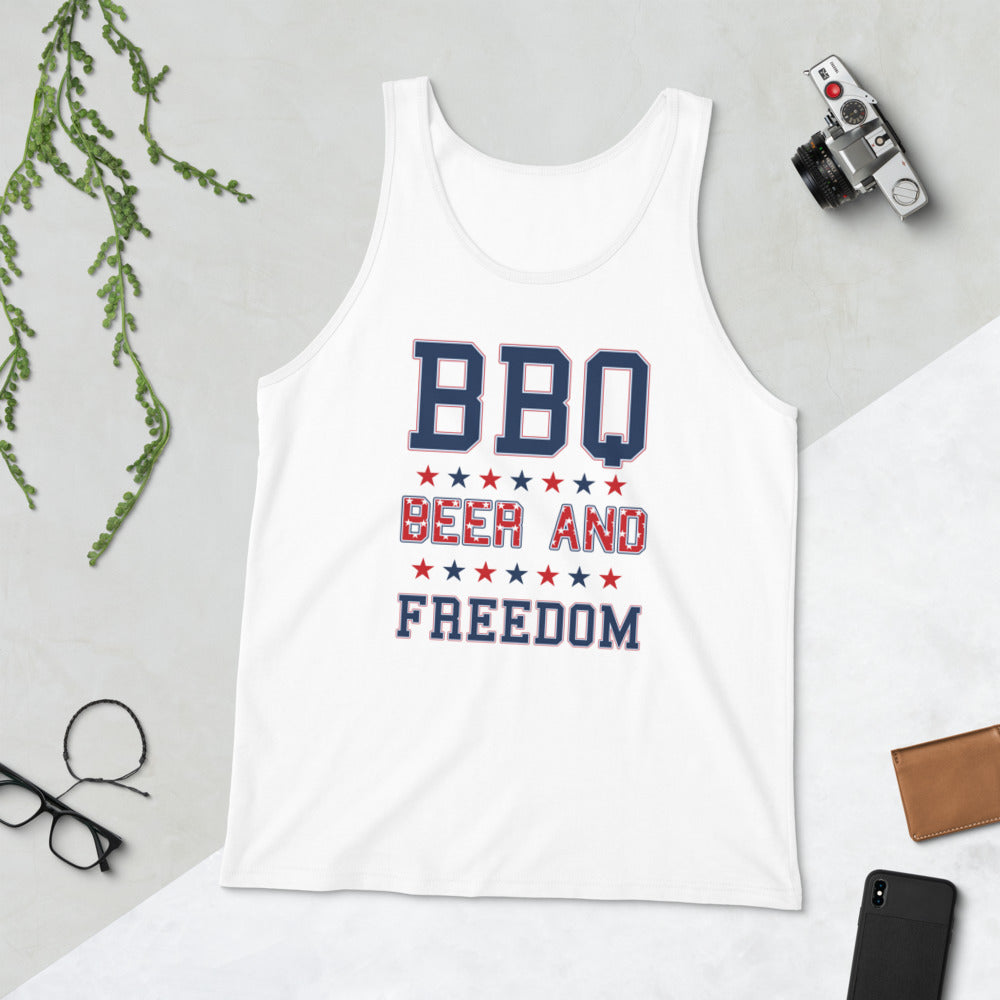 Funny BBQ Beer And Freedom July 4th USA Patriotic Unisex Tank Top
