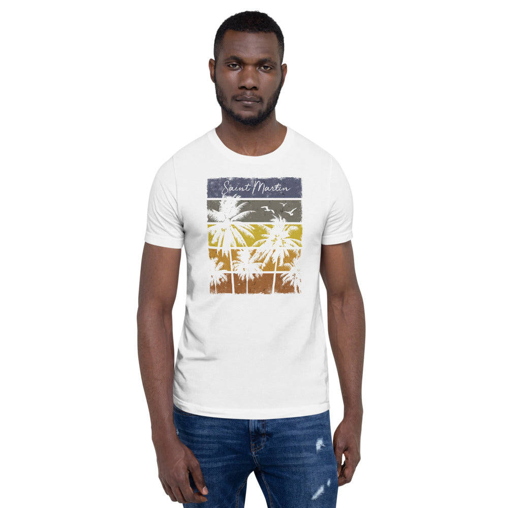 Retro Saint Martin Unisex T-Shirt Beach Vacation Souvenir Palm Tree Sunset Abstract