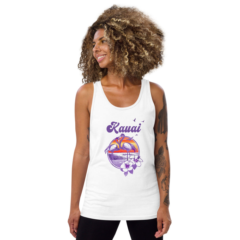 Retro Kauai Hawaii Beach Flamingo Hibiscus Unisex Tank Top