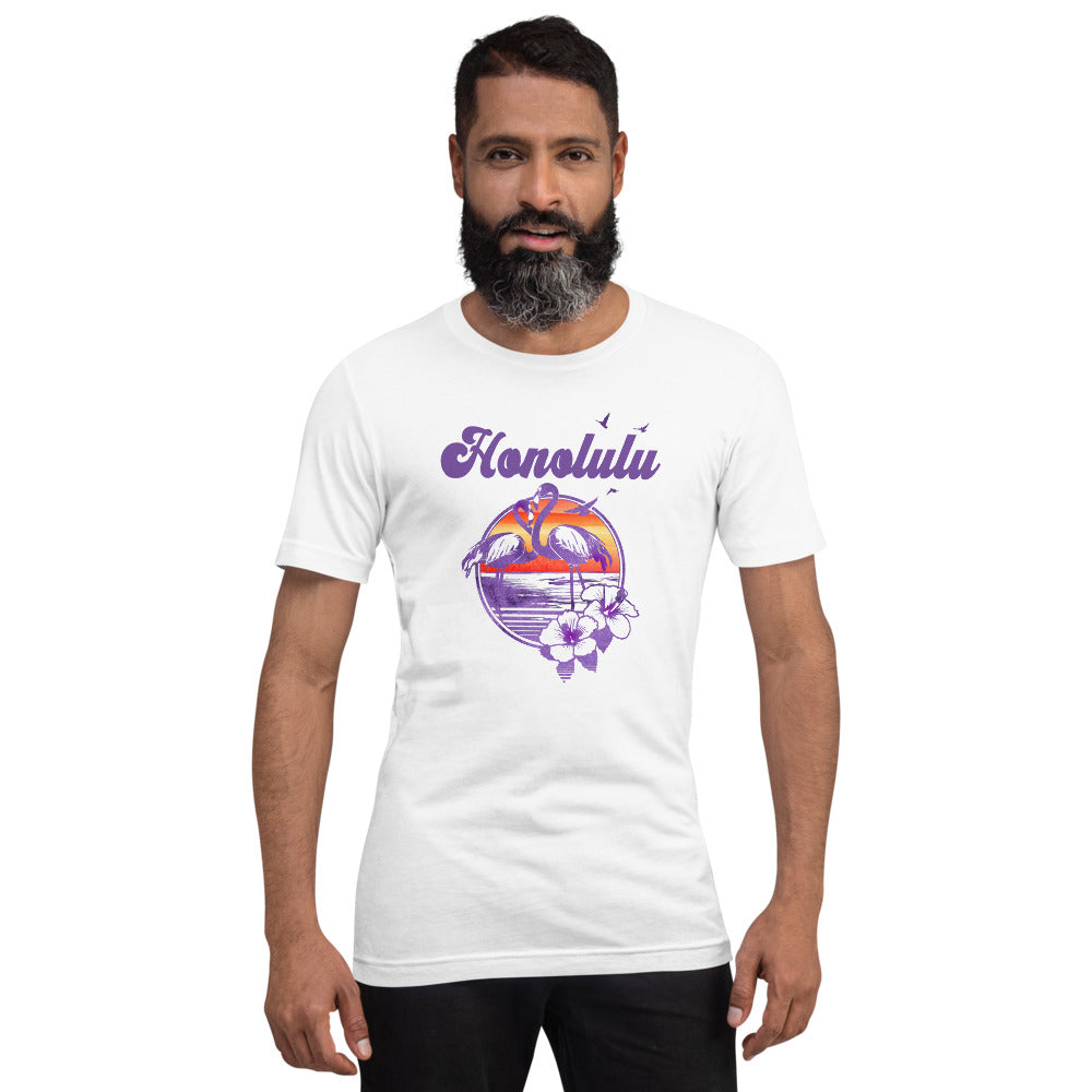 Retro Honolulu Oahu Hawaii Beach Flamingo Hibiscus Unisex T-Shirt