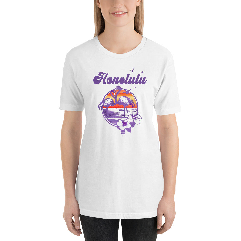Retro Honolulu Oahu Hawaii Beach Flamingo Hibiscus Unisex T-Shirt
