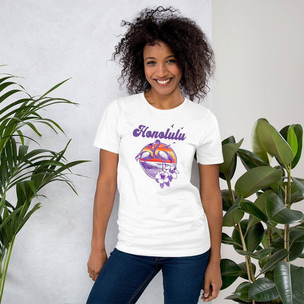 Retro Honolulu Oahu Hawaii Beach Flamingo Hibiscus Unisex T-Shirt