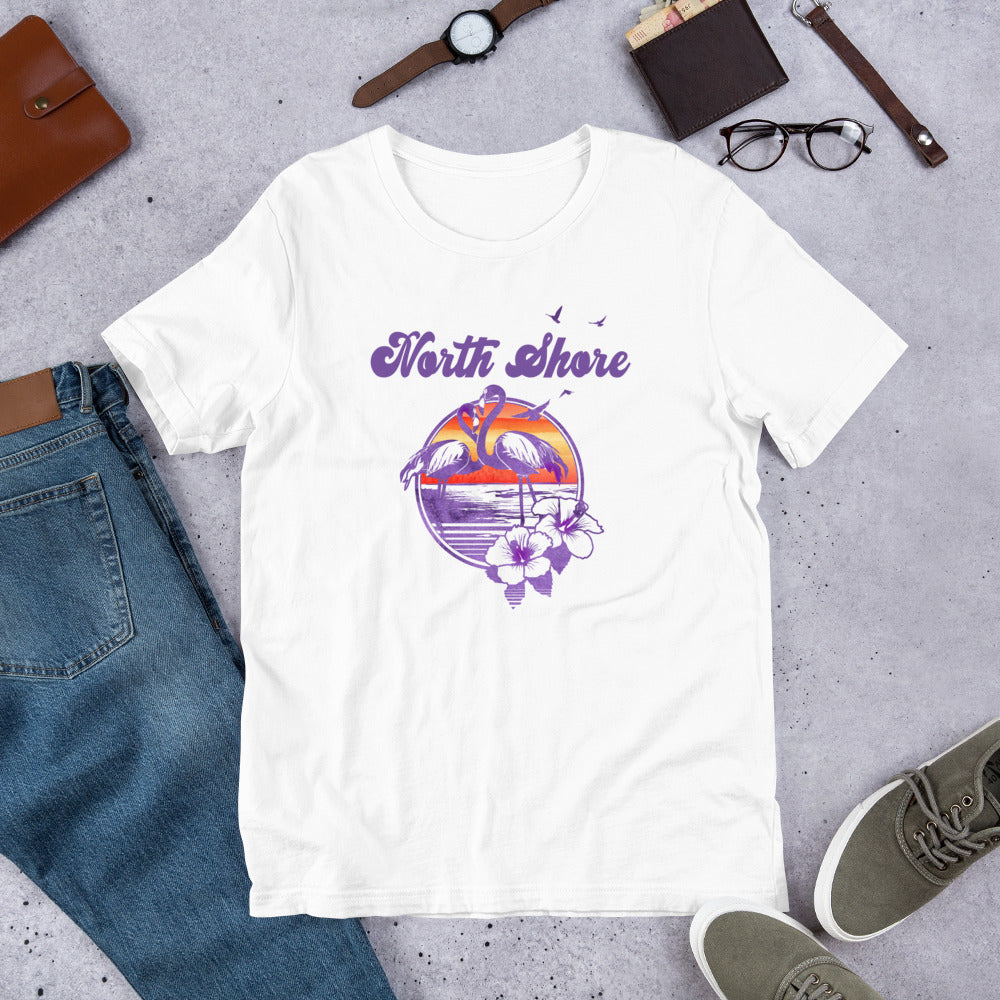 Retro North Shore Oahu Hawaii Beach Flamingo Hibiscus Unisex T-Shirt