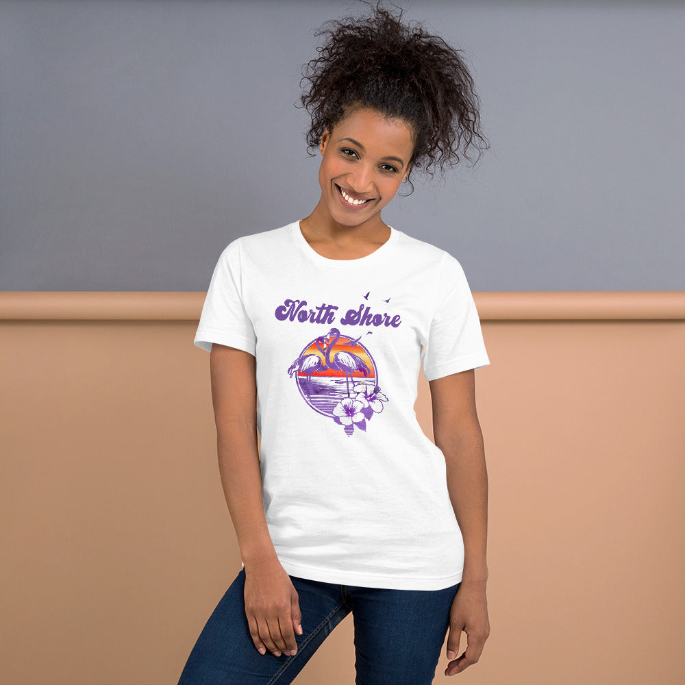 Retro North Shore Oahu Hawaii Beach Flamingo Hibiscus Unisex T-Shirt