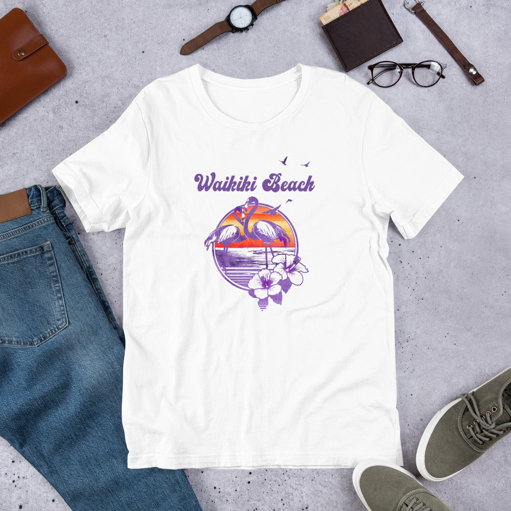 Retro Waikiki Beach Oahu Hawaii Flamingo Hibiscus Unisex T-Shirt