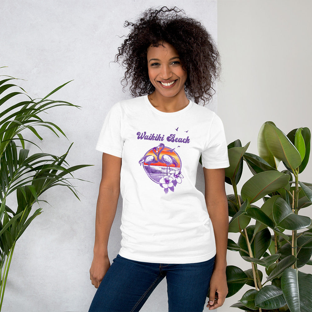 Retro Waikiki Beach Oahu Hawaii Flamingo Hibiscus Unisex T-Shirt