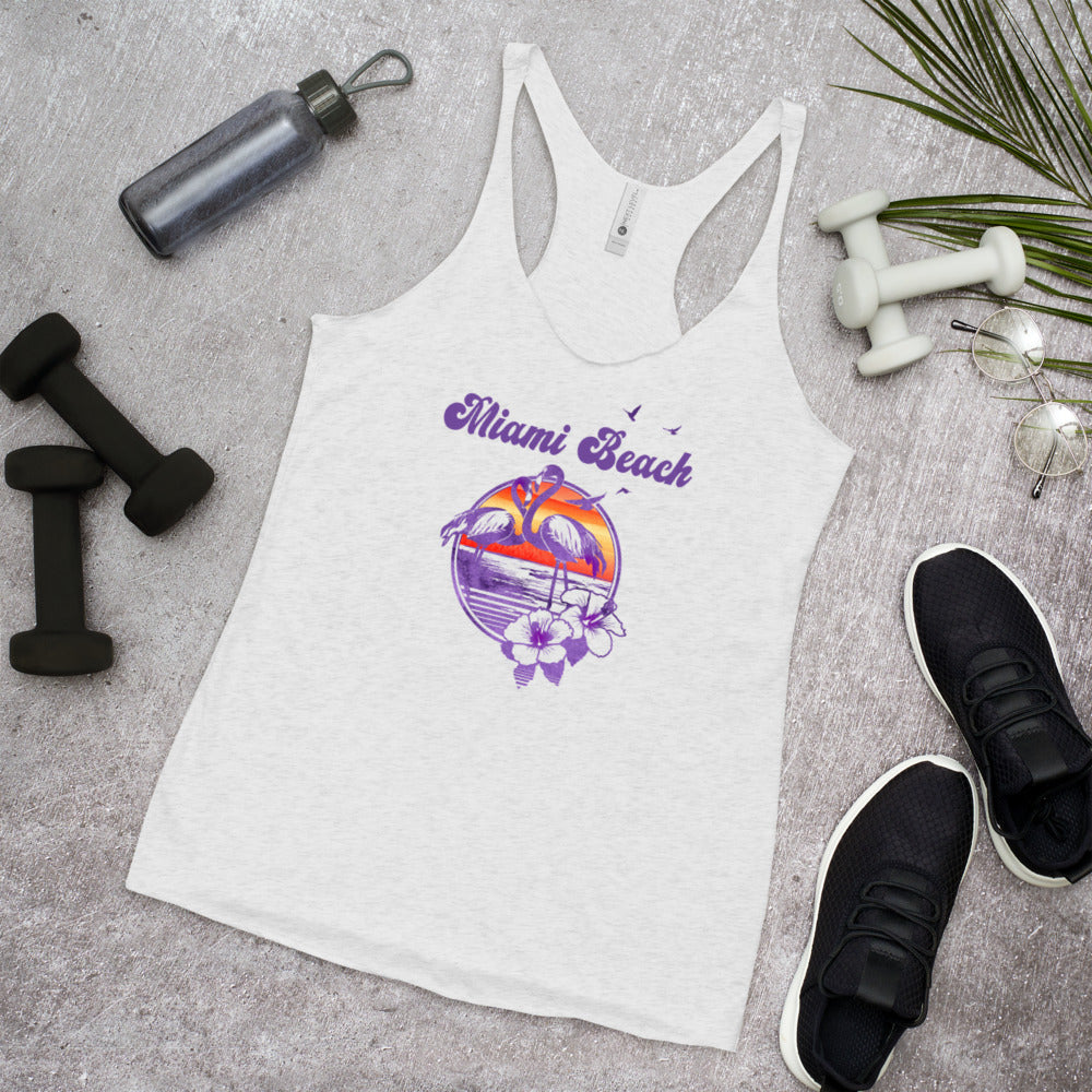 Retro Miami Beach Florida Flamingo Hibiscus Women's Racerback Tank Top