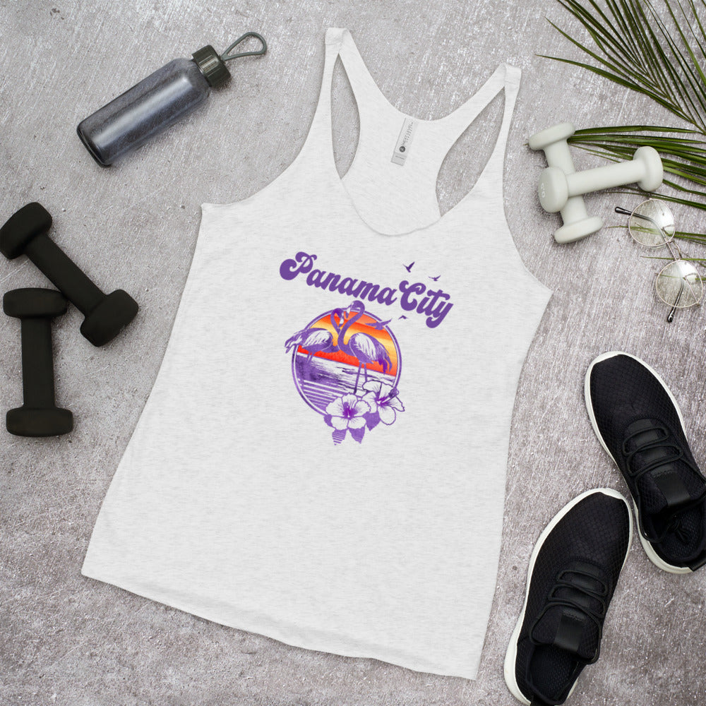 Retro Panama City Florida Beach Flamingo Hibiscus Women's Racerback Tank Top