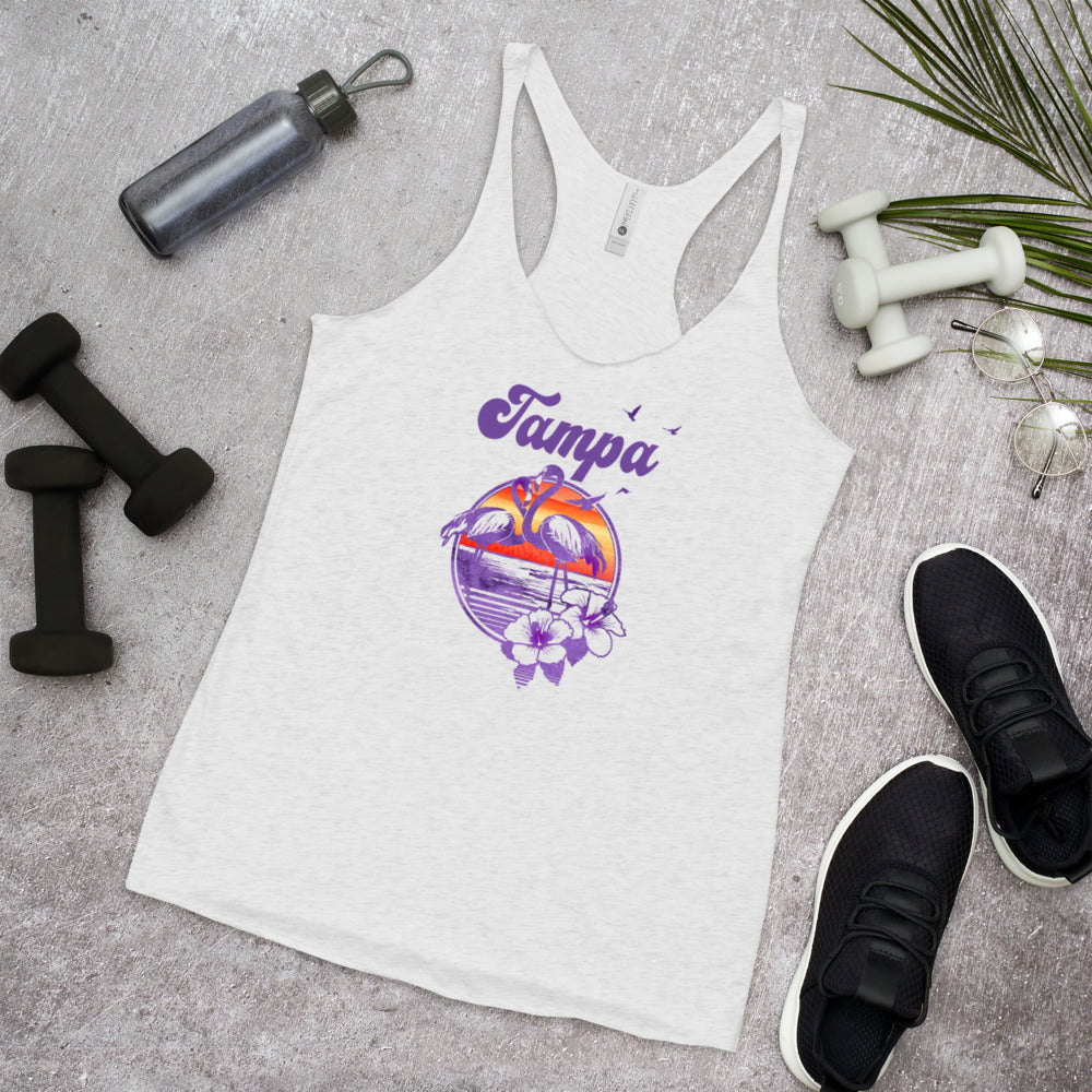 Retro Tampa Florida Beach Flamingo Hibiscus Women's Racerback Tank Top