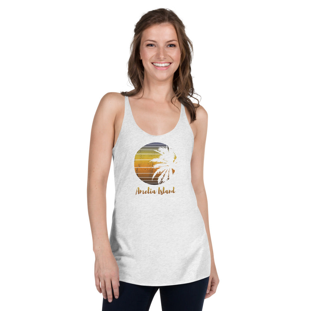 Retro Amelia Island Florida Beach Palm Tree Vacation Souvenir Women's Racerback Tank Top