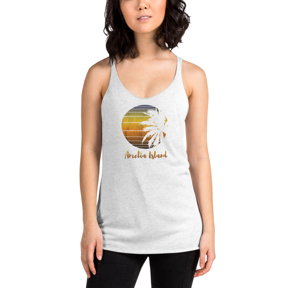 Retro Amelia Island Florida Beach Palm Tree Vacation Souvenir Women's Racerback Tank Top