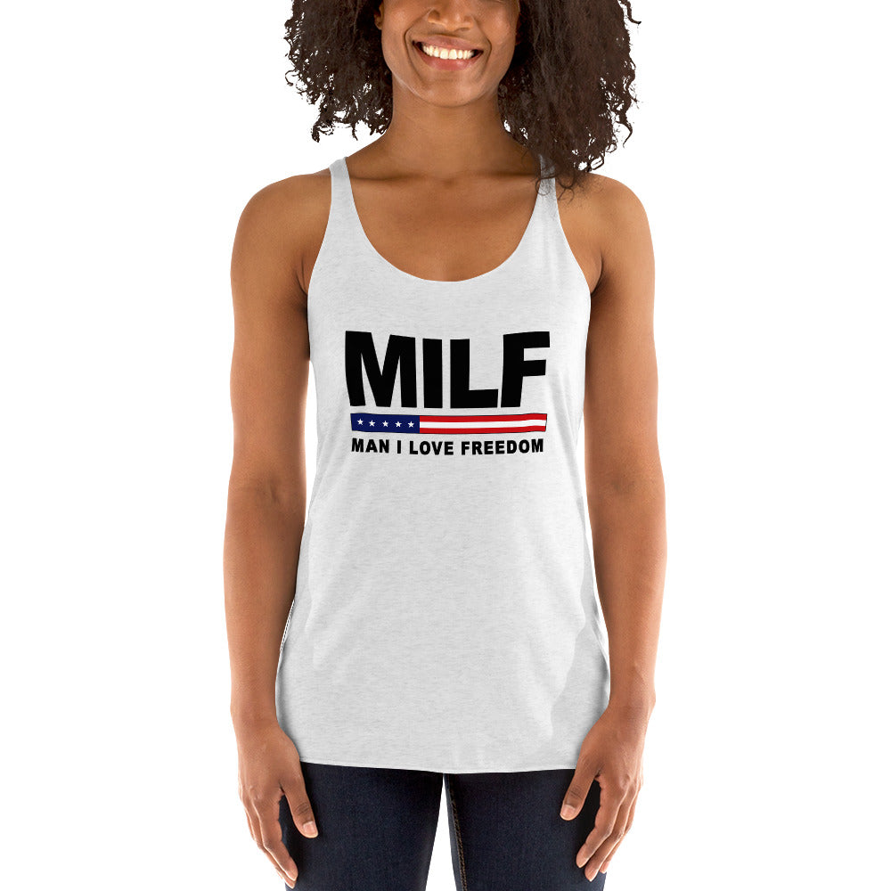 Funny MILF Military Service 4th Of July USA Flag Freedom Joke Women's Racerback Tank Top