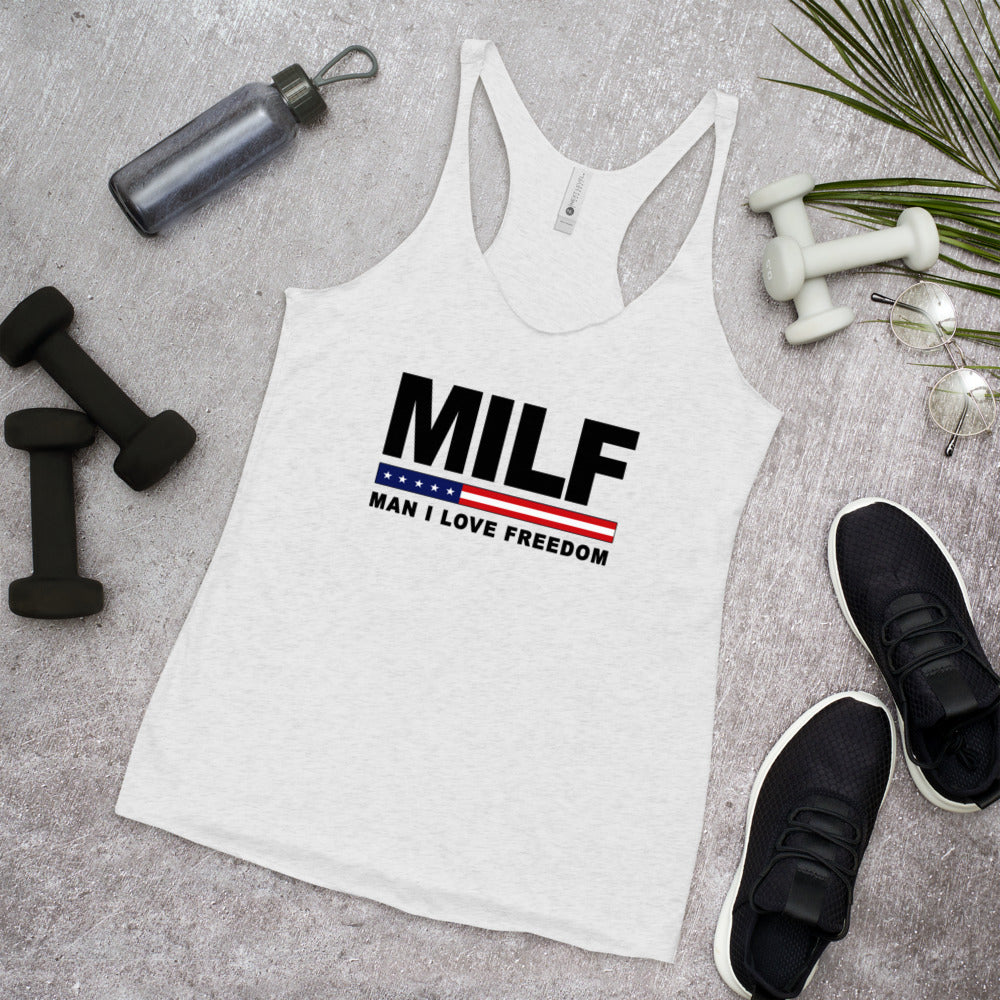 Funny MILF Military Service 4th Of July USA Flag Freedom Joke Women's Racerback Tank Top