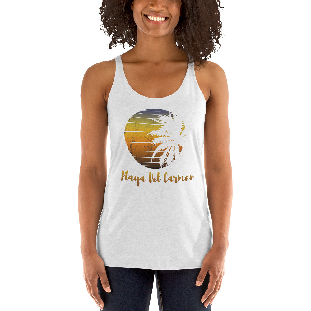 Retro Playa Del Carmen Mexico Beach Family Vacation Souvenir Palm Tree Women's Racerback Tank Top