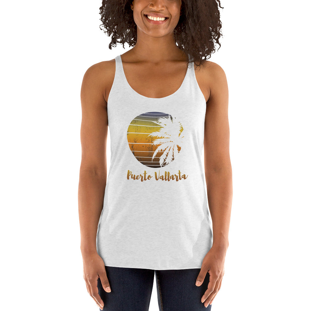 Retro Puerto Vallarta Mexico Beach Family Vacation Souvenir Palm Tree Women's Racerback Tank Top