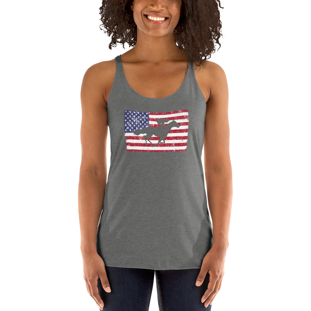 Horse Racing Fan USA Flag Race Track Lover Patriotic Women's Racerback Tank Top