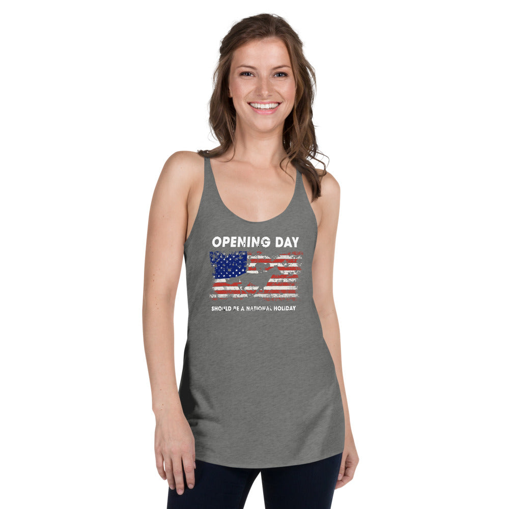 Opening Day Horse Racing Track Race Derby Fan USA Flag Women's Racerback Tank Top