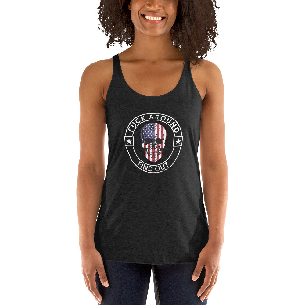 Funny Fuck Around & Find Out FAFO Vulgar Quote 4th Of July USA Flag Women's Racerback Tank Top