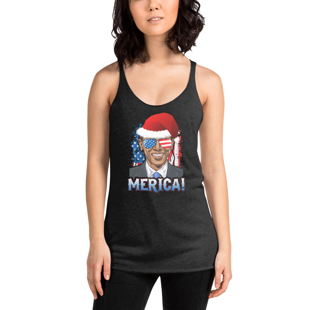 Funny Barack Obama Merica Christmas Political Democrats USA Flag Women's Racerback Tank Top