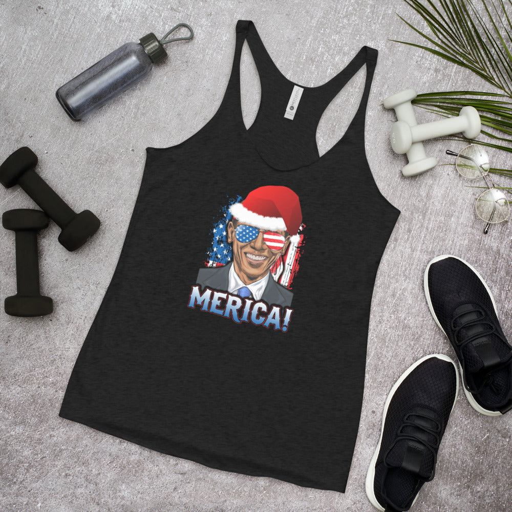 Funny Barack Obama Merica Christmas Political Democrats USA Flag Women's Racerback Tank Top