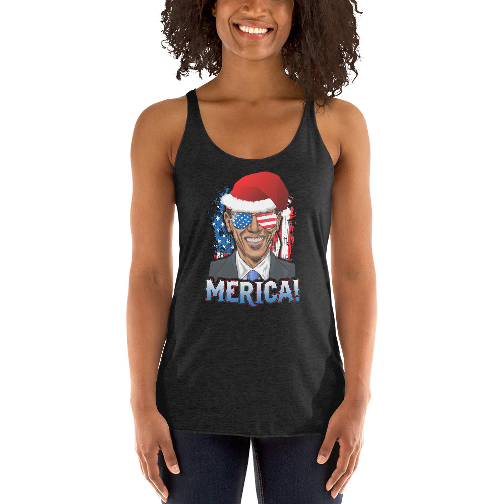 Funny Barack Obama Merica Christmas Political Democrats USA Flag Women's Racerback Tank Top