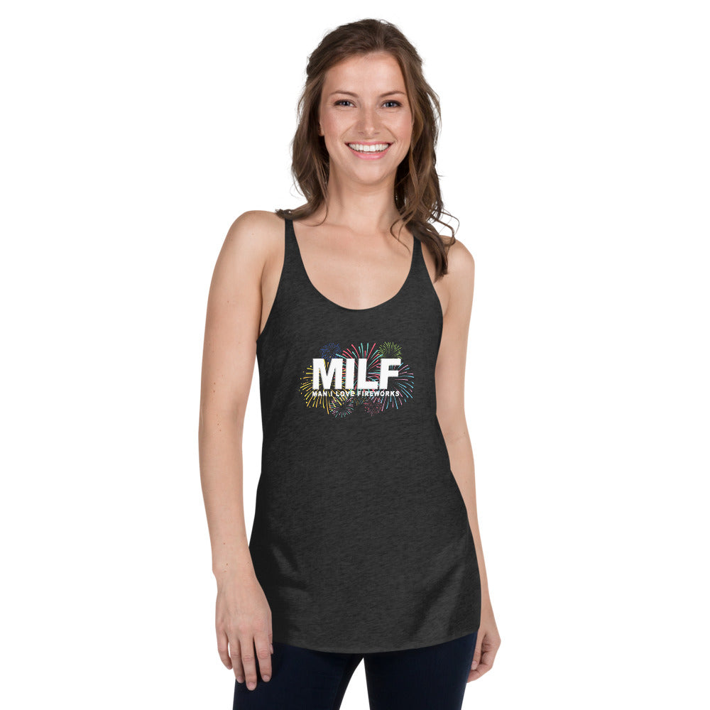 Funny MILF 4th Of July Fireworks Fan Joke Quote Women's Racerback Tank Top