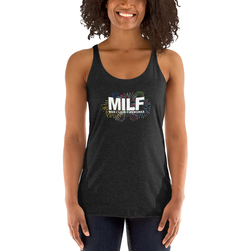 Funny MILF 4th Of July Fireworks Fan Joke Quote Women's Racerback Tank Top