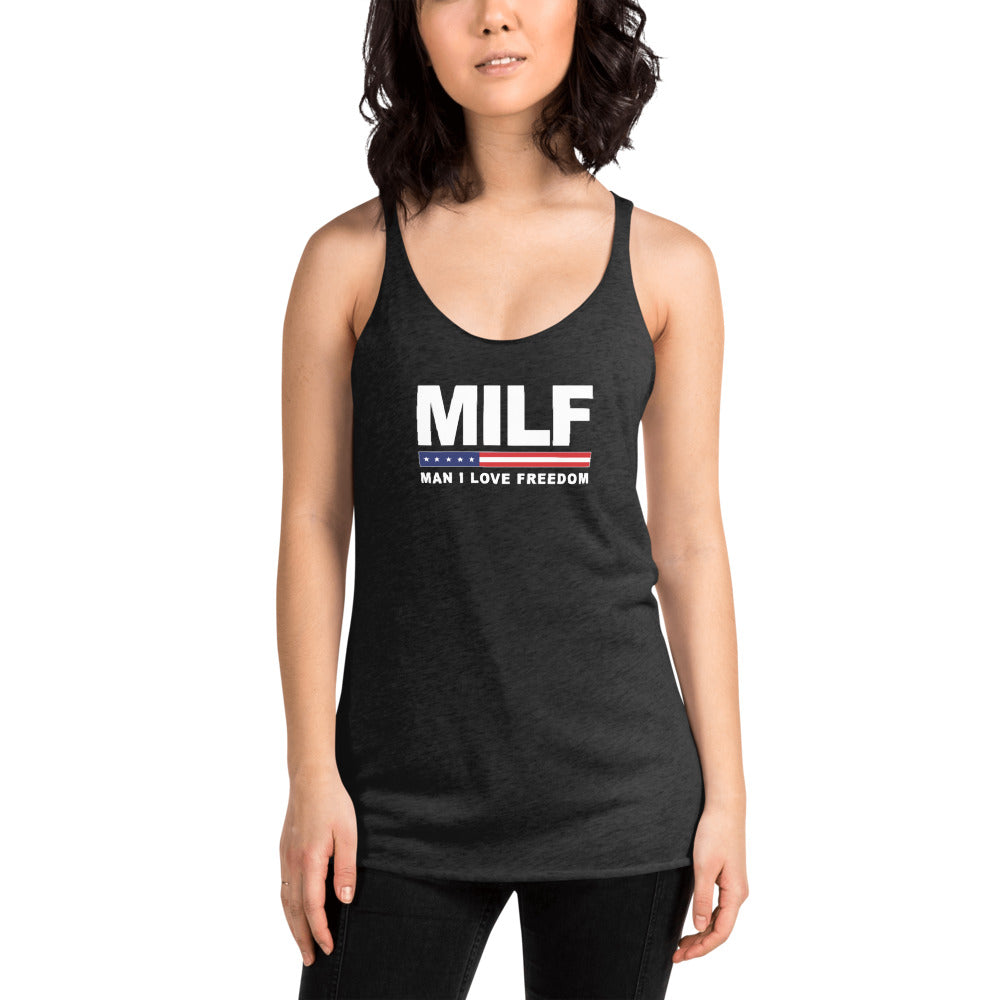 Funny MILF Military Service Freedom Joke 4th Of July USA Flag Women's Racerback Tank Top