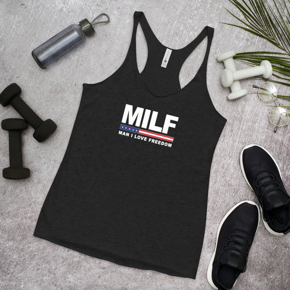 Funny MILF Military Service Freedom Joke 4th Of July USA Flag Women's Racerback Tank Top
