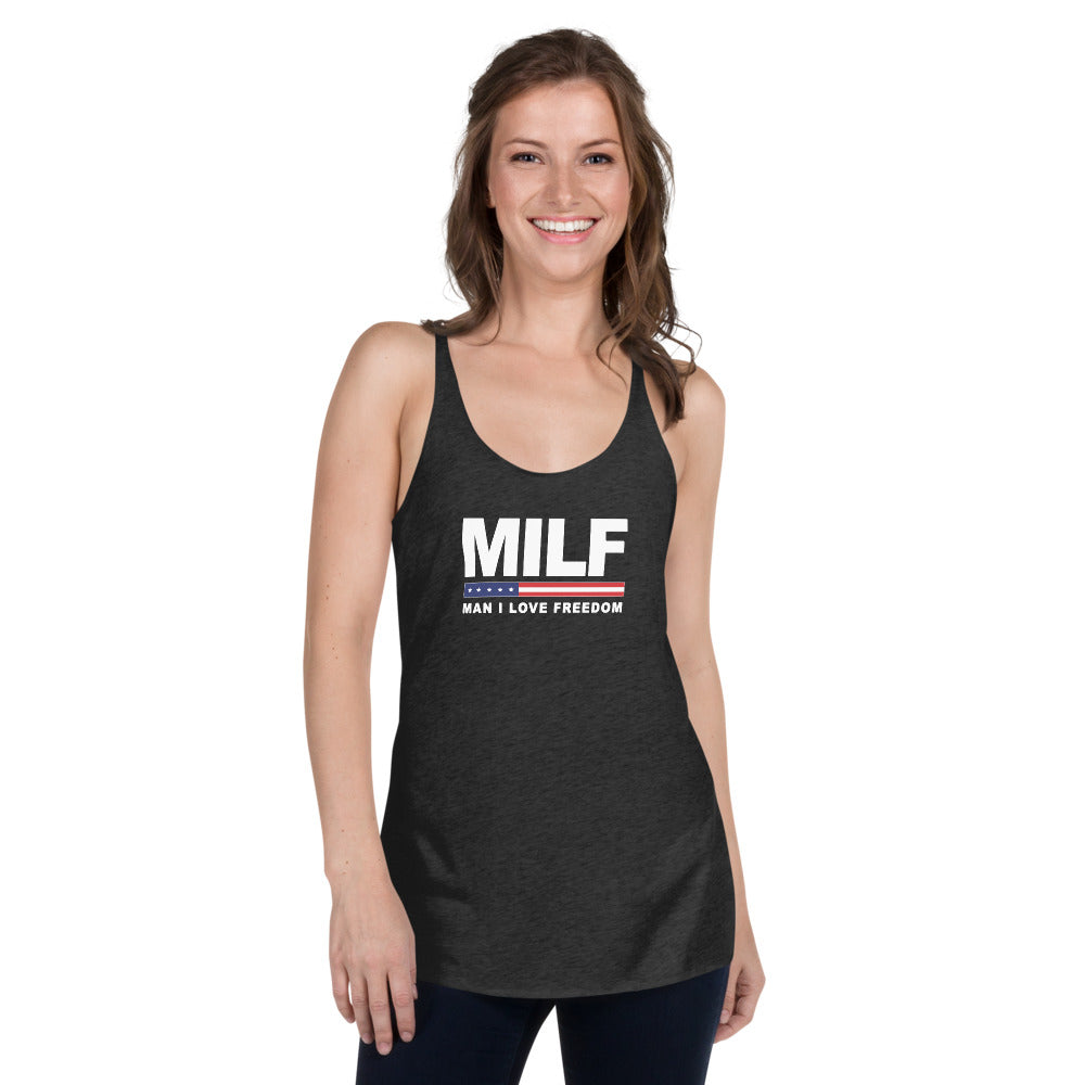 Funny MILF Military Service Freedom Joke 4th Of July USA Flag Women's Racerback Tank Top