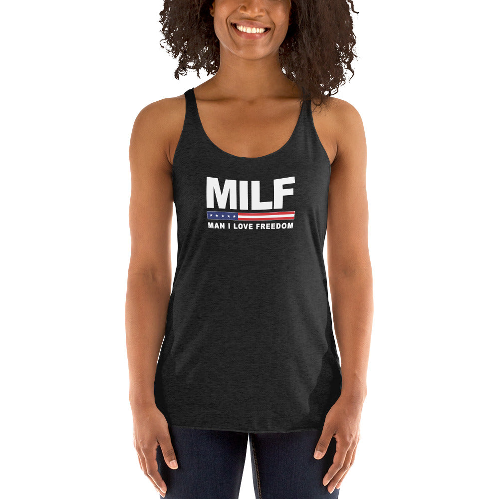 Funny MILF Military Service Freedom Joke 4th Of July USA Flag Women's Racerback Tank Top