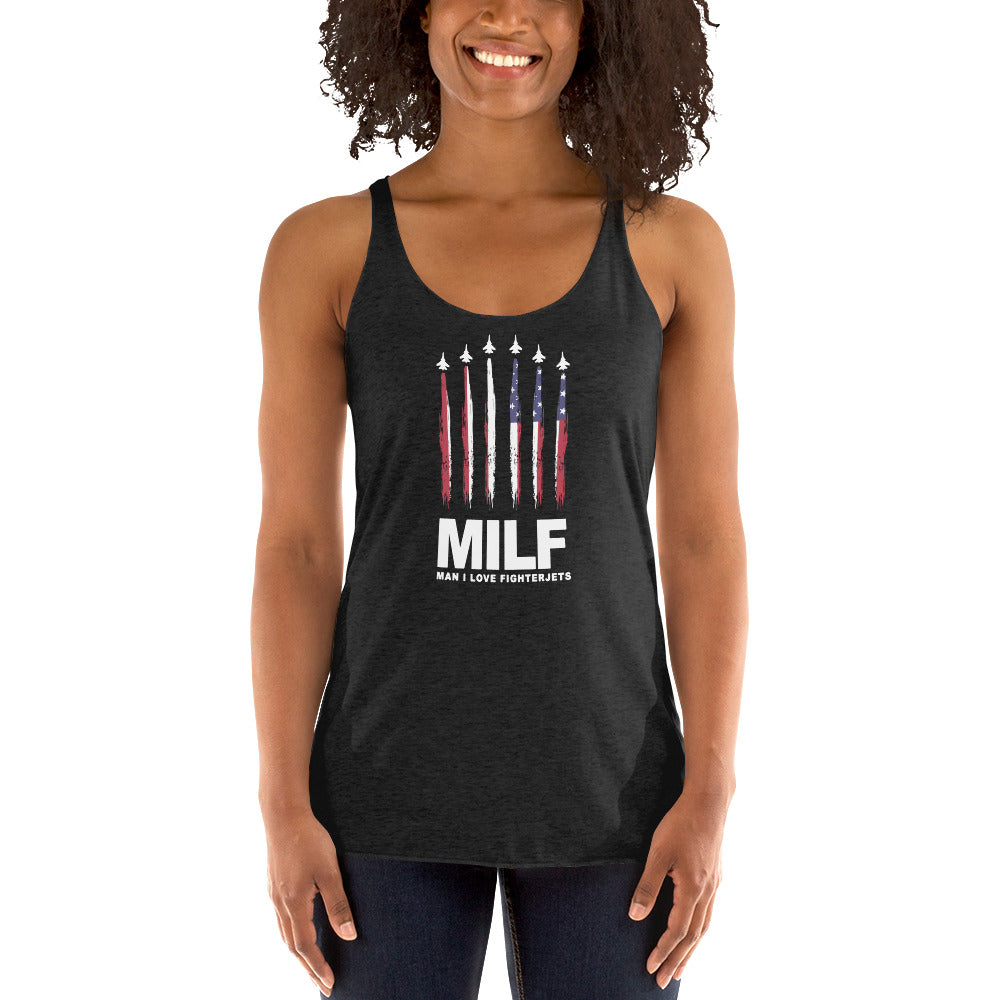 Funny MILF Military Service Jet Fighter Joke 4th Of July USA Flag Women's Racerback Tank Top