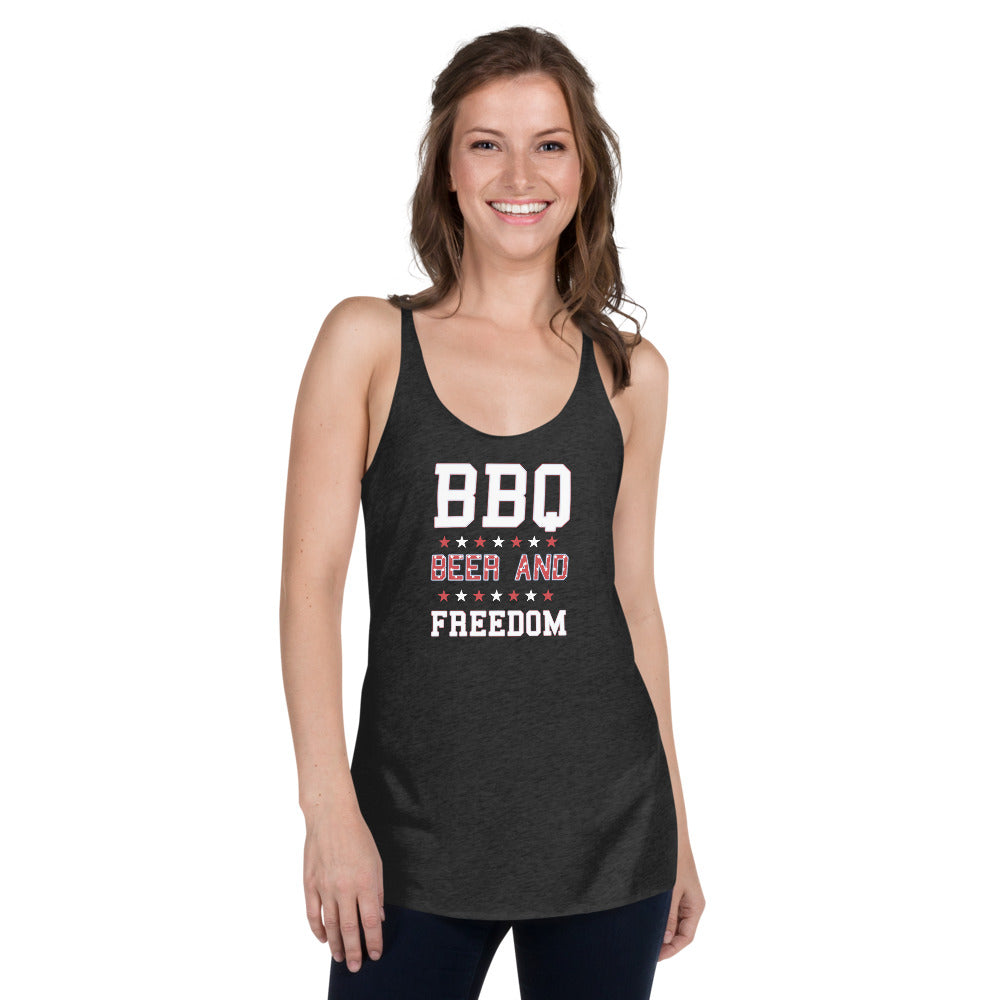 Funny BBQ Beer And Freedom July 4th Patriotic 4th Of July USA Women's Racerback Tank Top