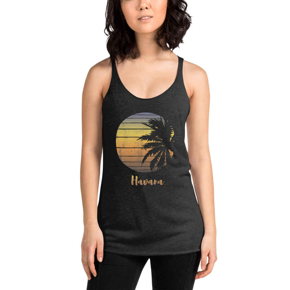 Retro Havana Cuba Beach Palm Tree Vacation Souvenir Women's Racerback Tank Top