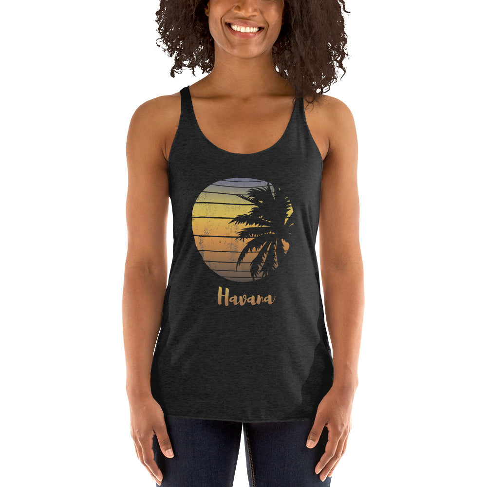 Retro Havana Cuba Beach Palm Tree Vacation Souvenir Women's Racerback Tank Top