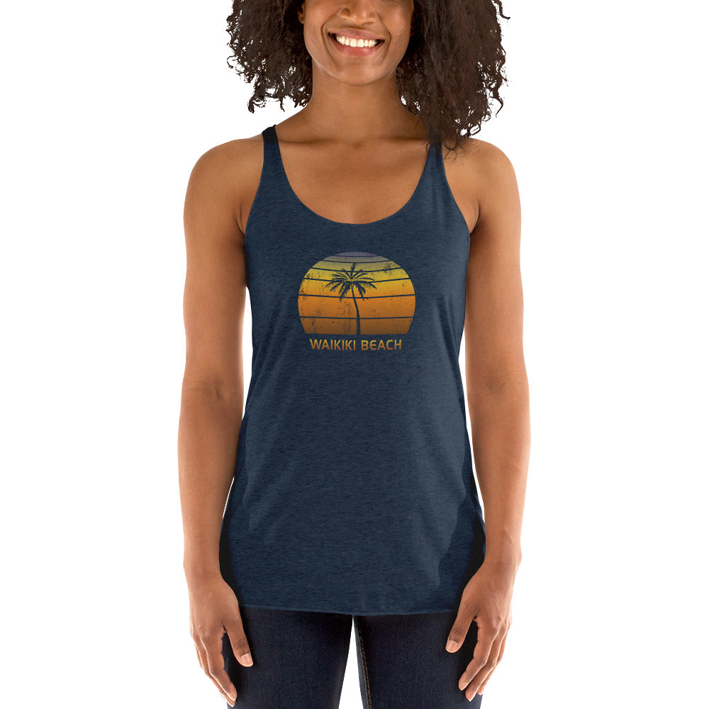 Vintage Waikiki Beach Oahu Hawaii Women's Racerback Tank Top Sunset Vacation