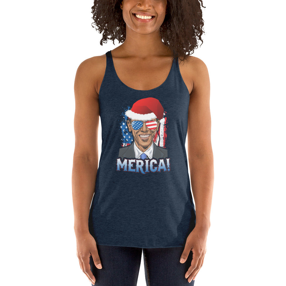 Funny Barack Obama Merica Christmas Political Democrats USA Flag Women's Racerback Tank Top