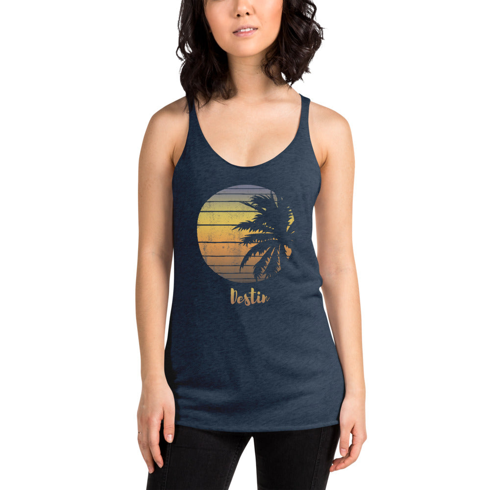 Retro Destin Florida Beach Palm Tree Vacation Souvenir Women's Racerback Tank Top