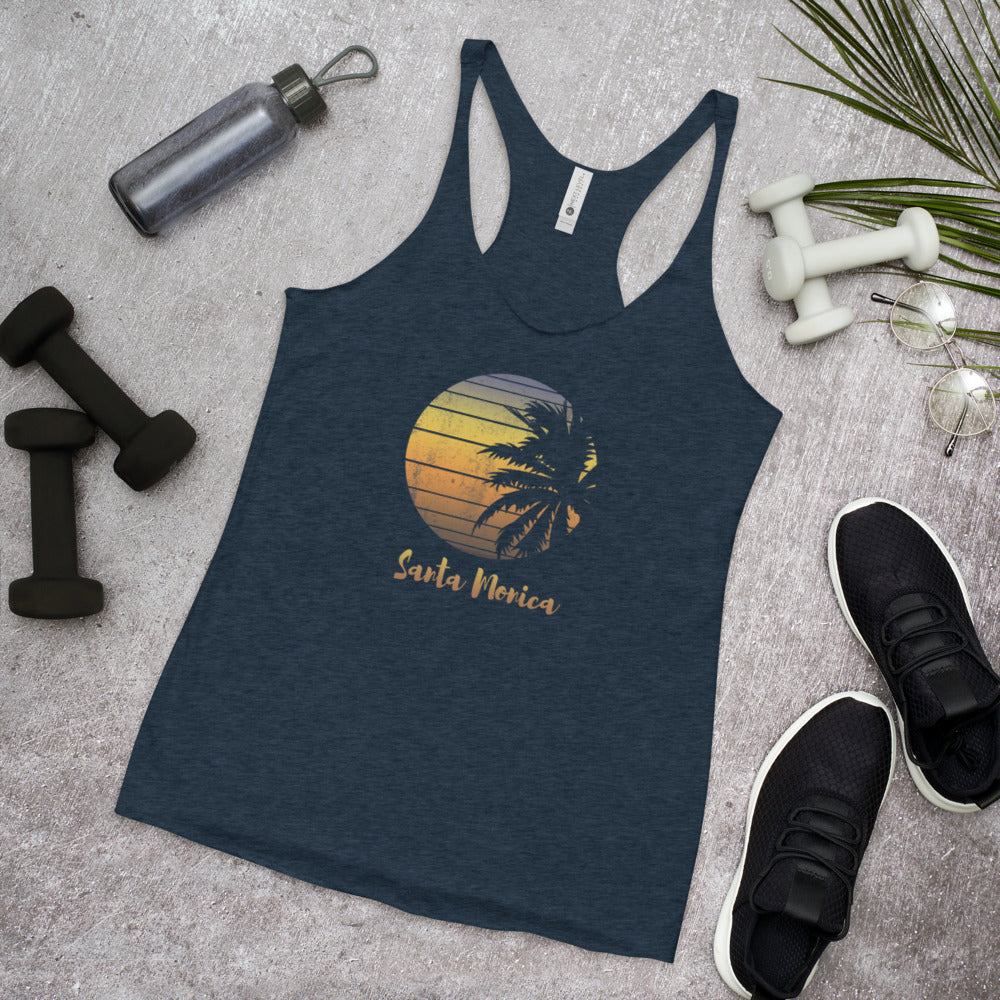 Retro Santa Monica California Beach Vacation Souvenir Palm Tree Women's Racerback Tank Top