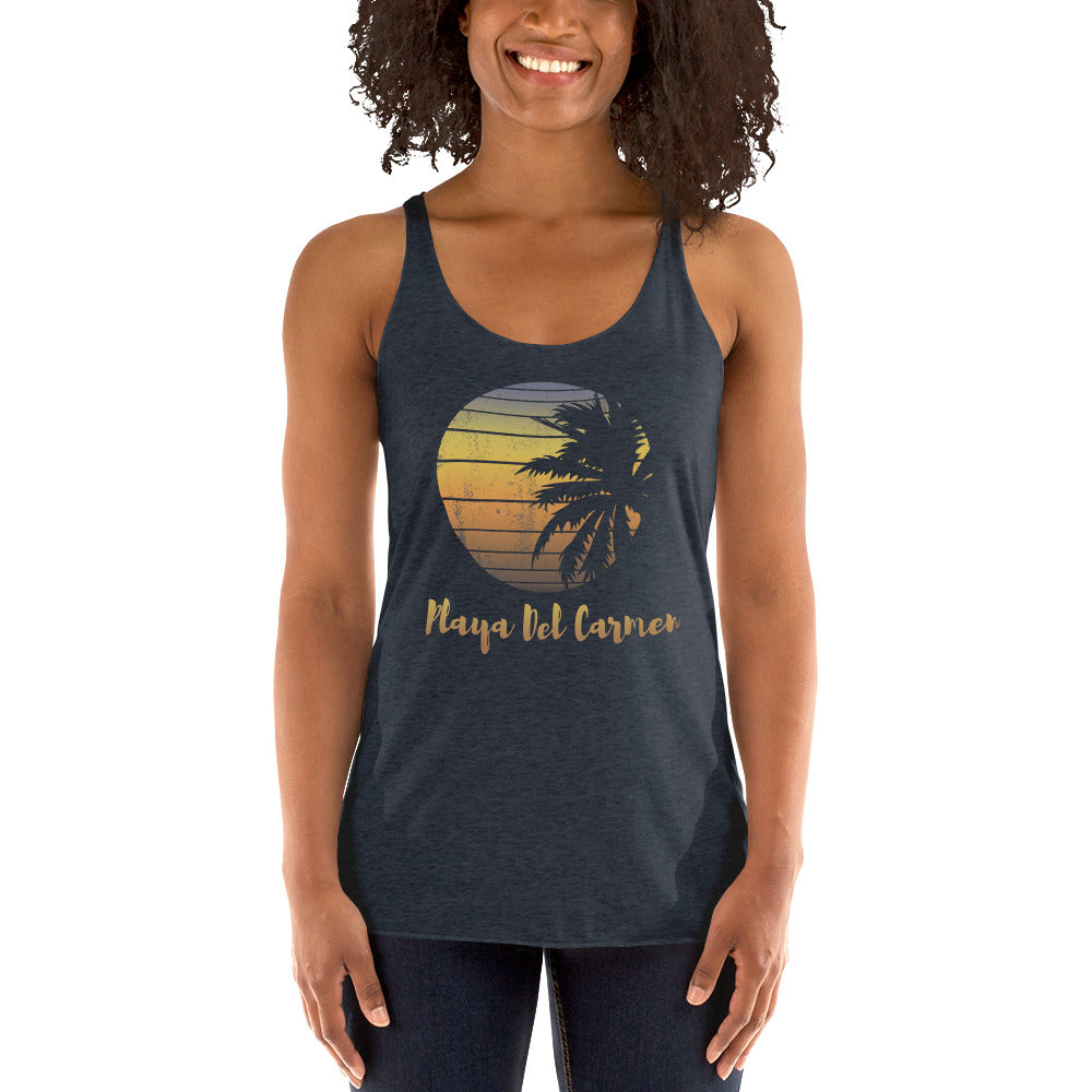 Retro Playa Del Carmen Mexico Beach Family Vacation Souvenir Palm Tree Women's Racerback Tank Top