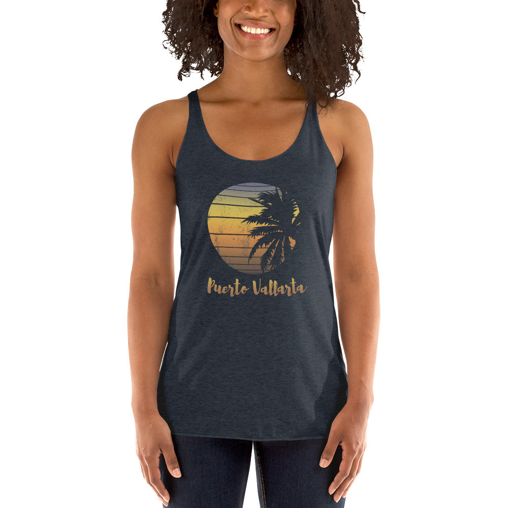 Retro Puerto Vallarta Mexico Beach Family Vacation Souvenir Palm Tree Women's Racerback Tank Top