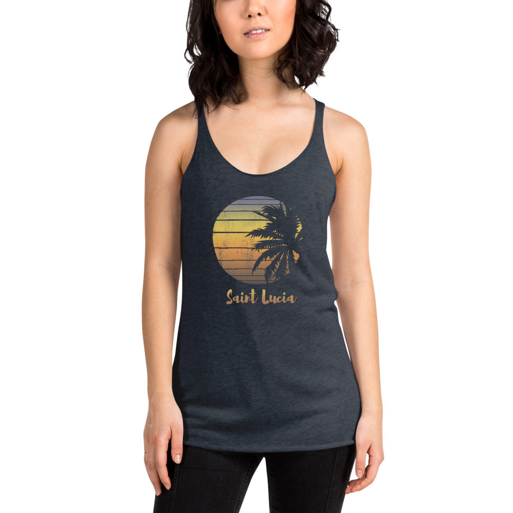 Retro Saint Lucia Beach Palm Tree Vacation Souvenir Women's Racerback Tank Top