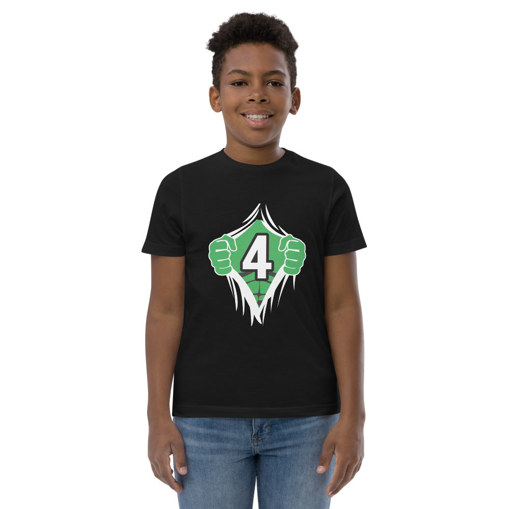Funny 4th Birthday Kids Turning 4 Years Old Superhero Comic Cartoon Youth Jersey T-Shirt
