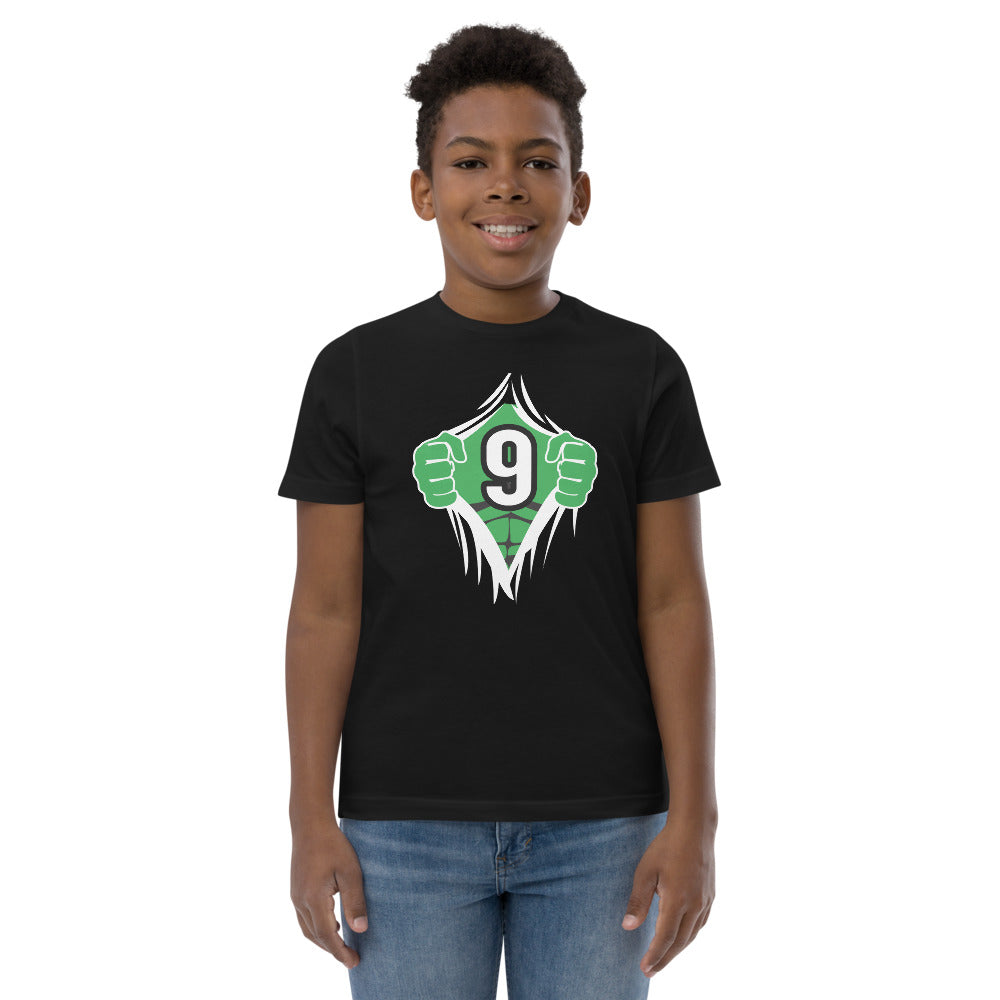 Funny 9th Birthday Kids Turning 9 Years Old Superhero Comic Cartoon Youth Jersey T-Shirt