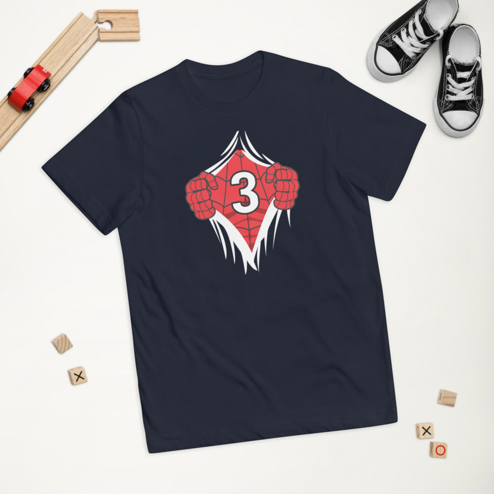 Cool Superhero Comic Cartoon 3rd Birthday Turning 3 Years Old Youth Jersey T-Shirt