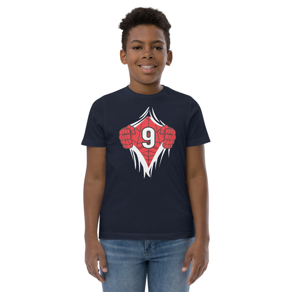 Cool Superhero Comic Cartoon 9th Birthday Kids Turning 9 Years Old Youth Jersey T-Shirt