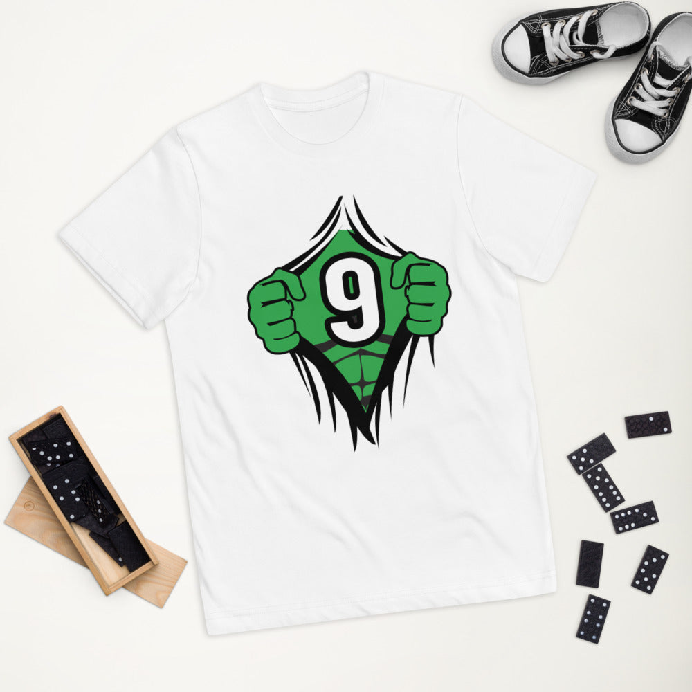 Funny 9th Birthday Kids Turning 9 Years Old Superhero Comic Cartoon Youth Jersey T-Shirt