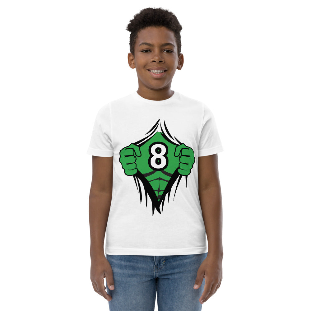 Funny 8th Birthday Kids Turning 8 Years Old Superhero Comic Cartoon Youth Jersey T-Shirt